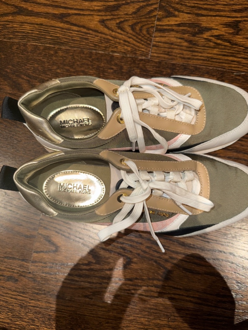 Michael Kors Olive, White & Beige Colorblock Sneakers with Pink Accent size 7.5 - Picture 2 of 7
